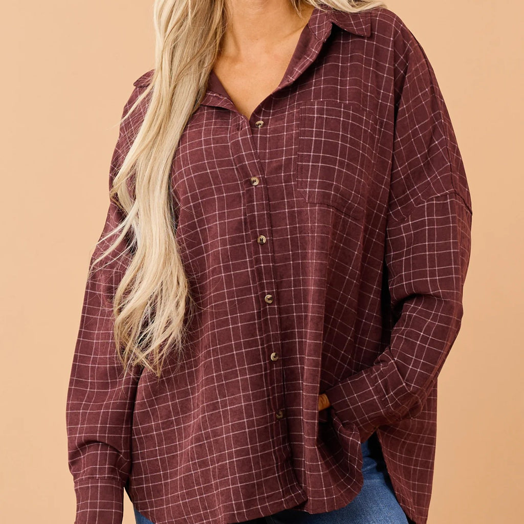 Dark Wine Plaid Oversized Button Down Long Sleeve Shirt