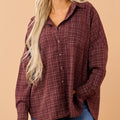 Dark Wine Plaid Oversized Button Down Long Sleeve Shirt