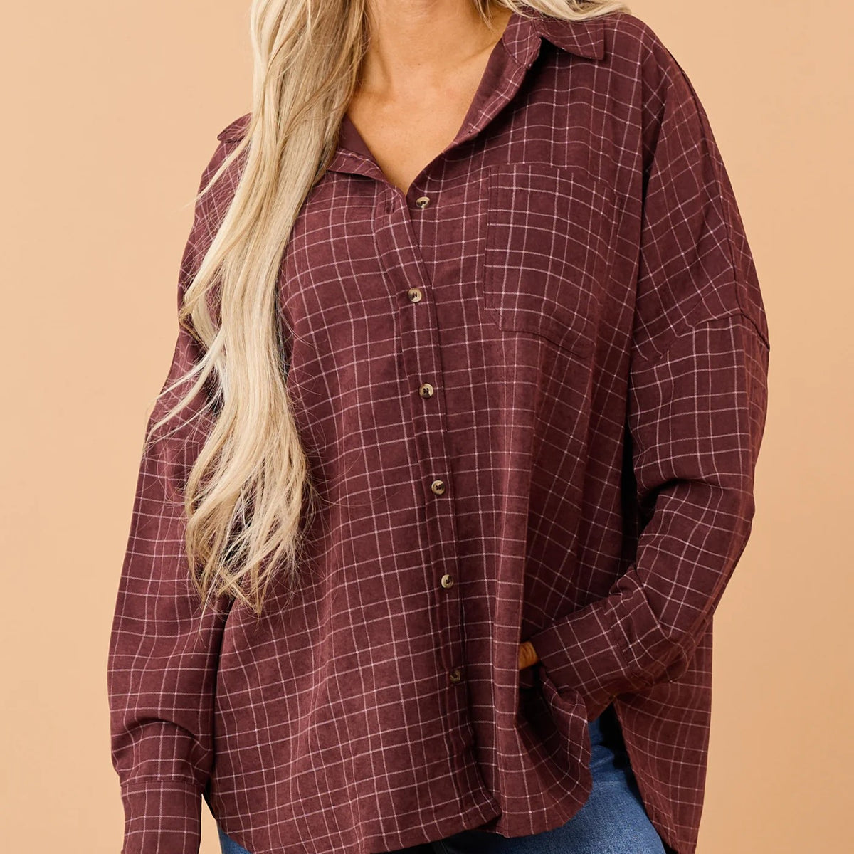 Dark Wine Plaid Oversized Button Down Long Sleeve Shirt