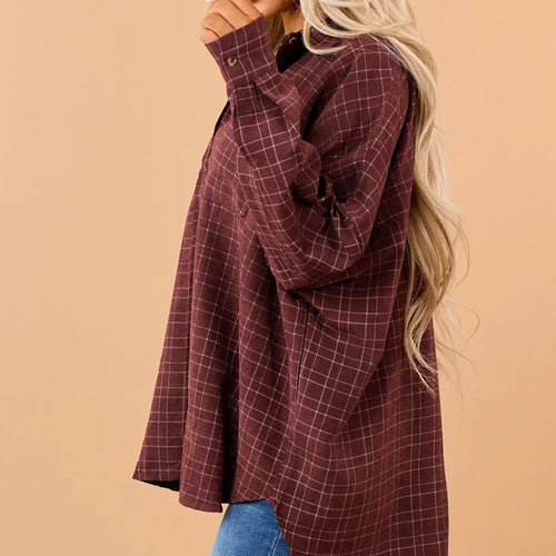 Dark Wine Plaid Oversized Button Down Long Sleeve Shirt