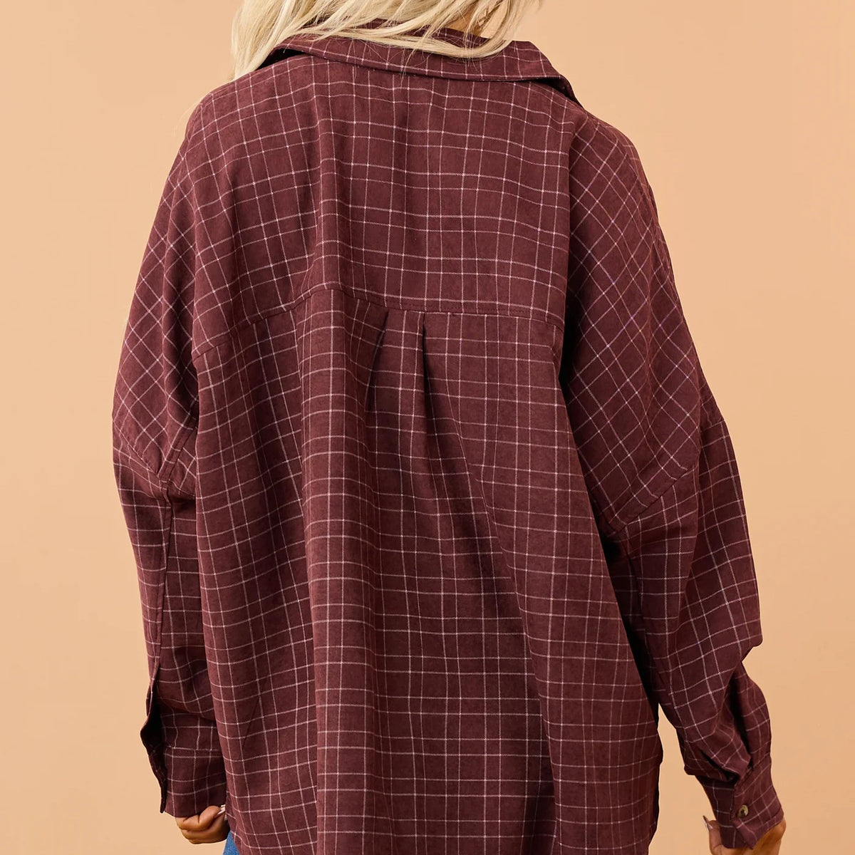 Dark Wine Plaid Oversized Button Down Long Sleeve Shirt