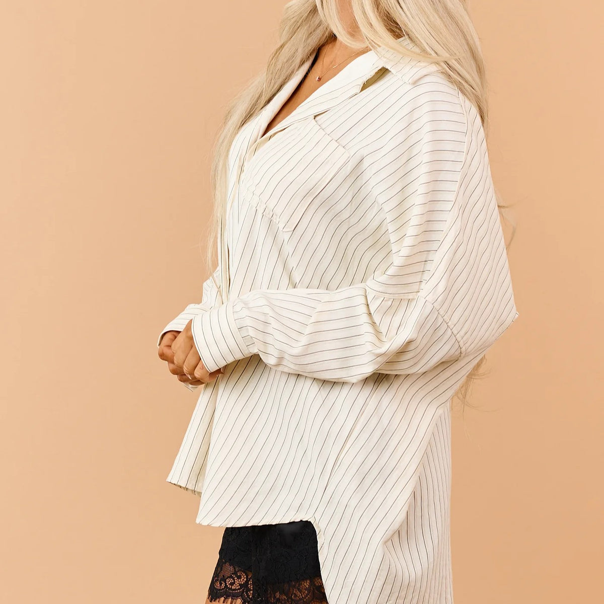 Cream Striped Button Up Long Sleeve Relaxed Shirt