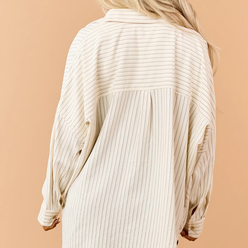 Cream Striped Button Up Long Sleeve Relaxed Shirt