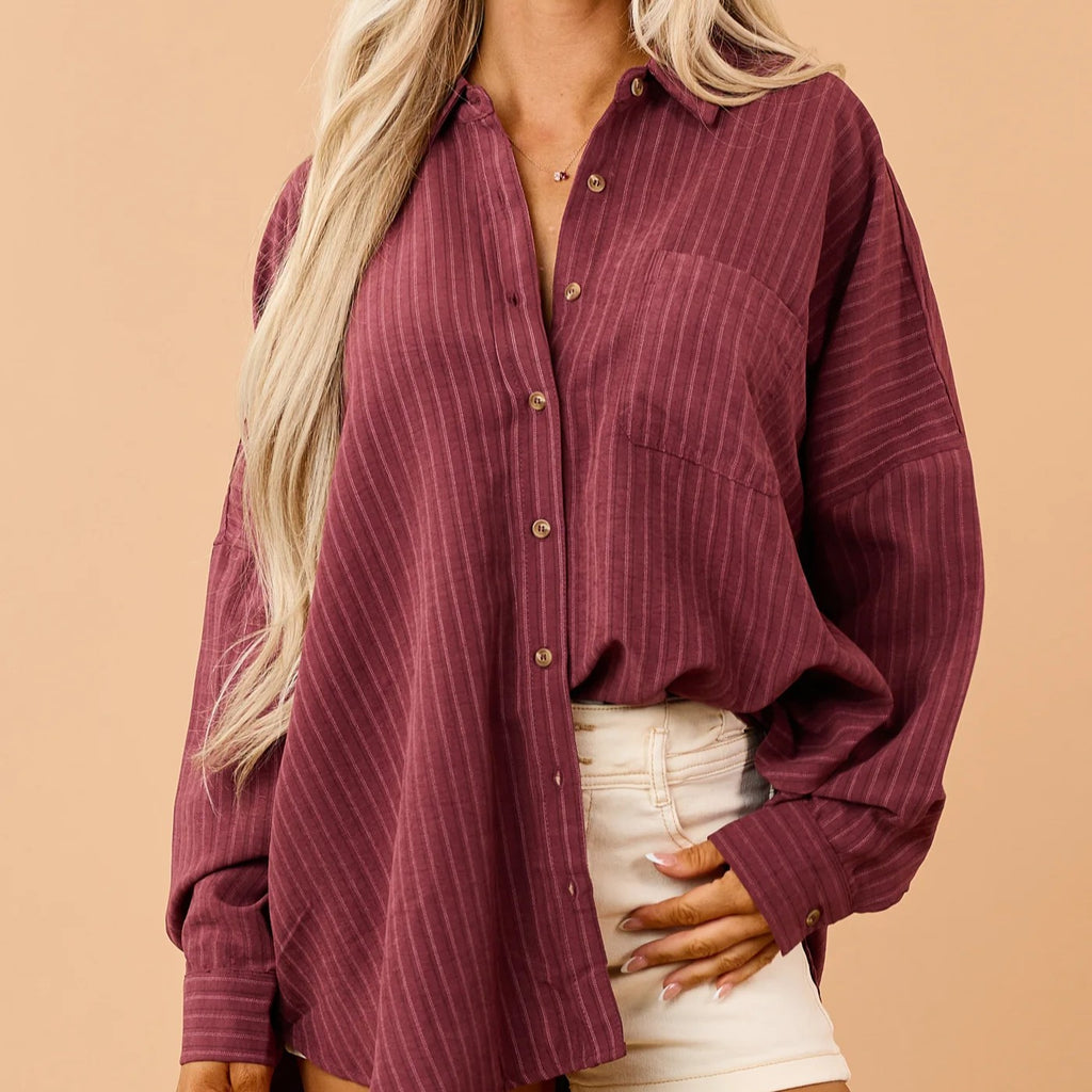 Maroon Striped Button Up Long Sleeve Relaxed Shirt