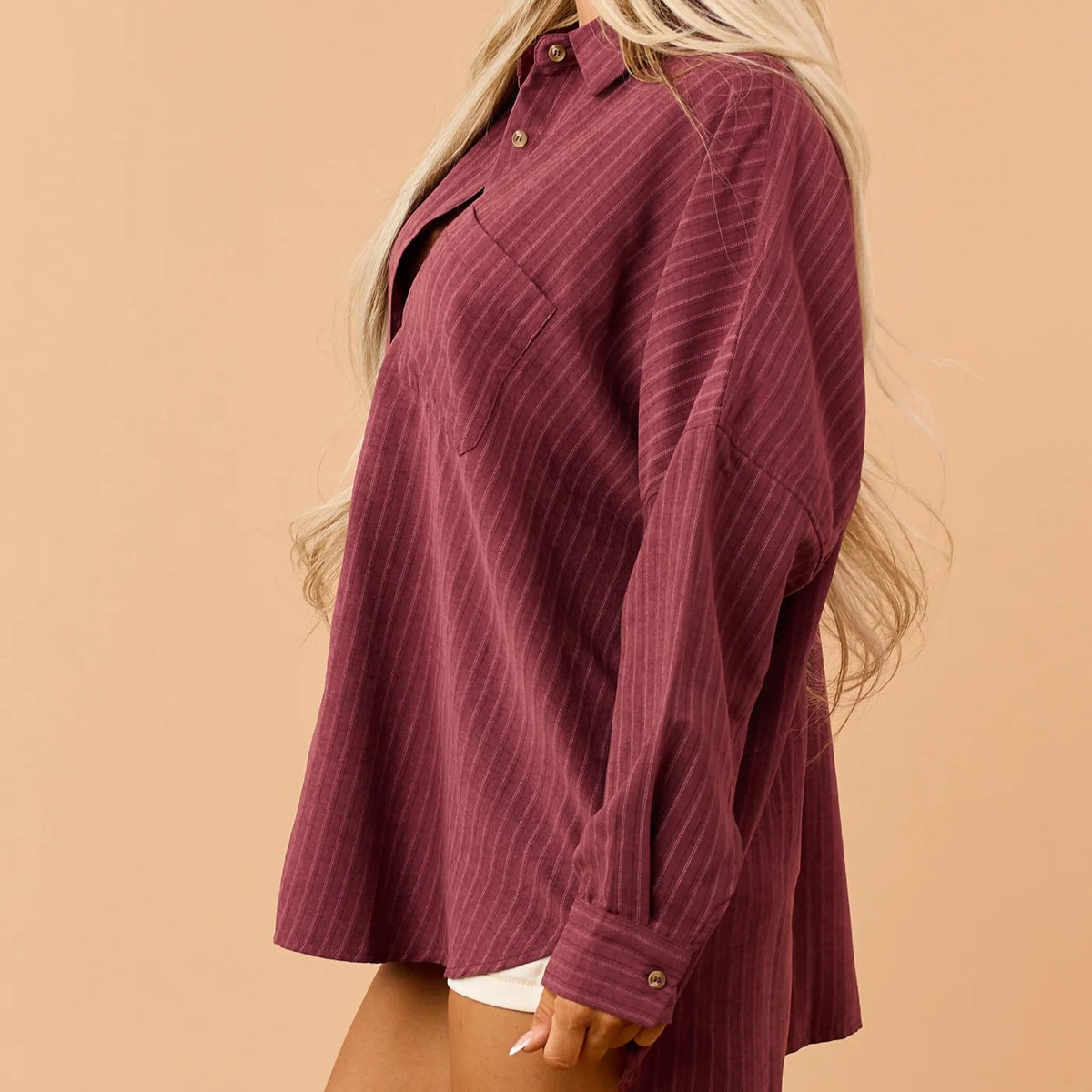 Maroon Striped Button Up Long Sleeve Relaxed Shirt
