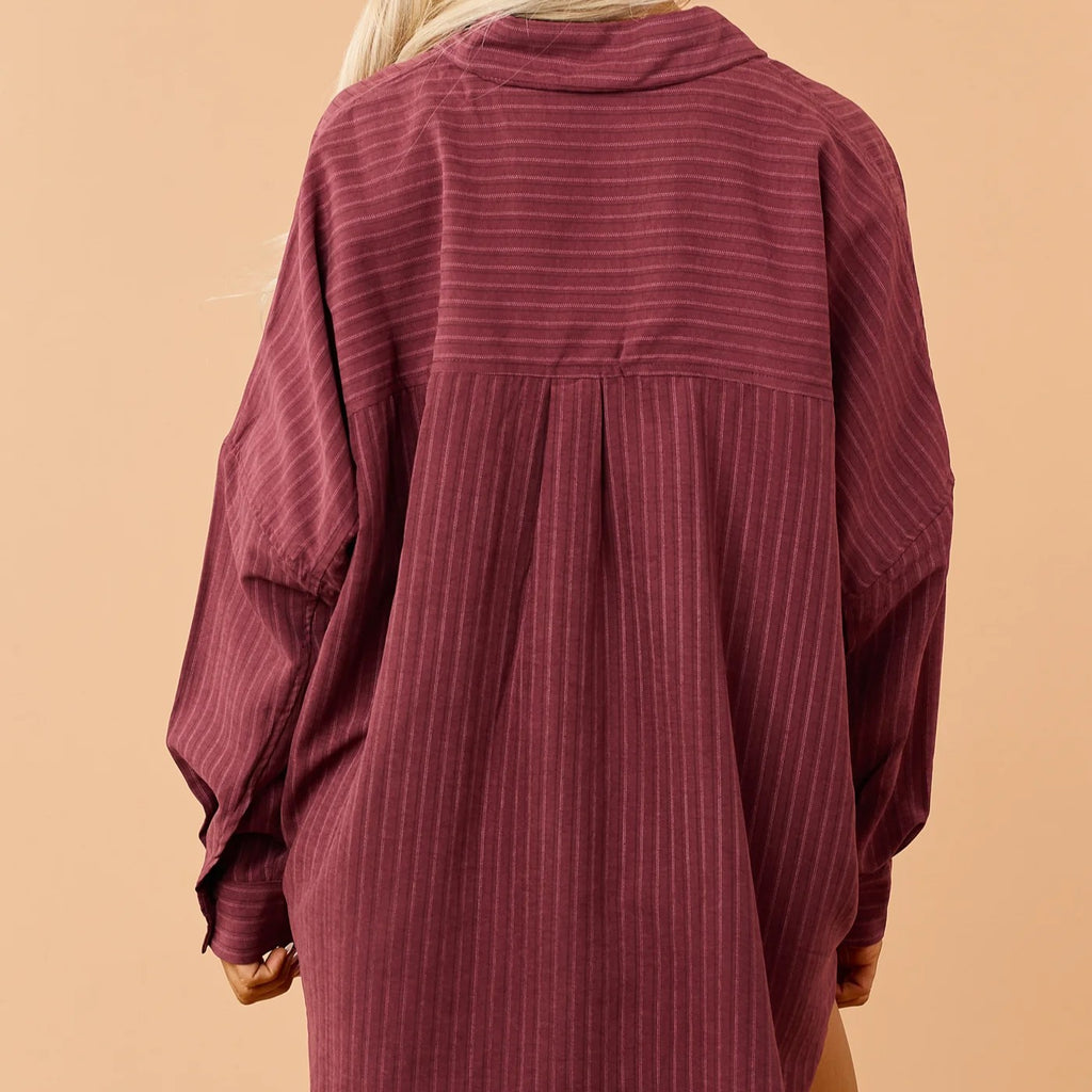 Maroon Striped Button Up Long Sleeve Relaxed Shirt