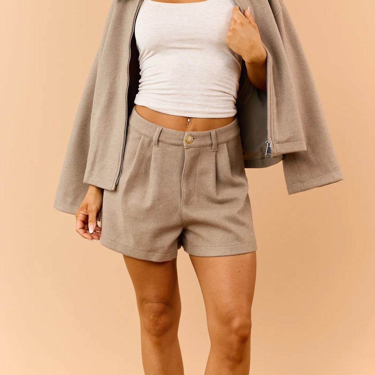 Khaki Pleated Soft Knit High Waisted Shorts